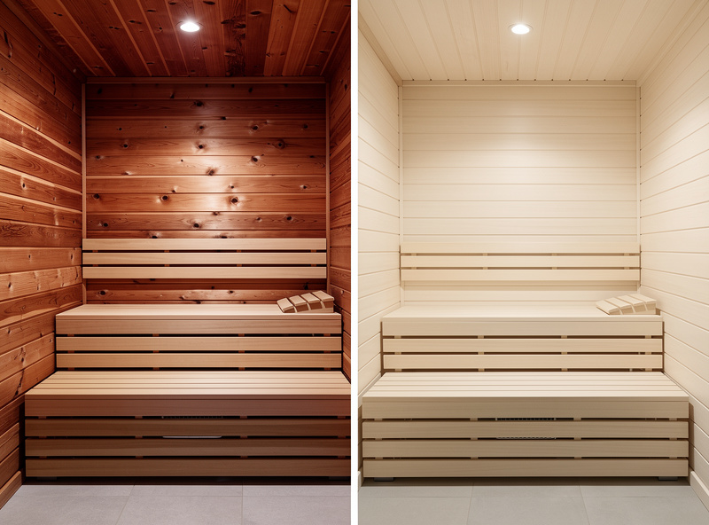 Side by side comparison of premium cedar and basswood infrared sauna cabin interiors showing wood character differences