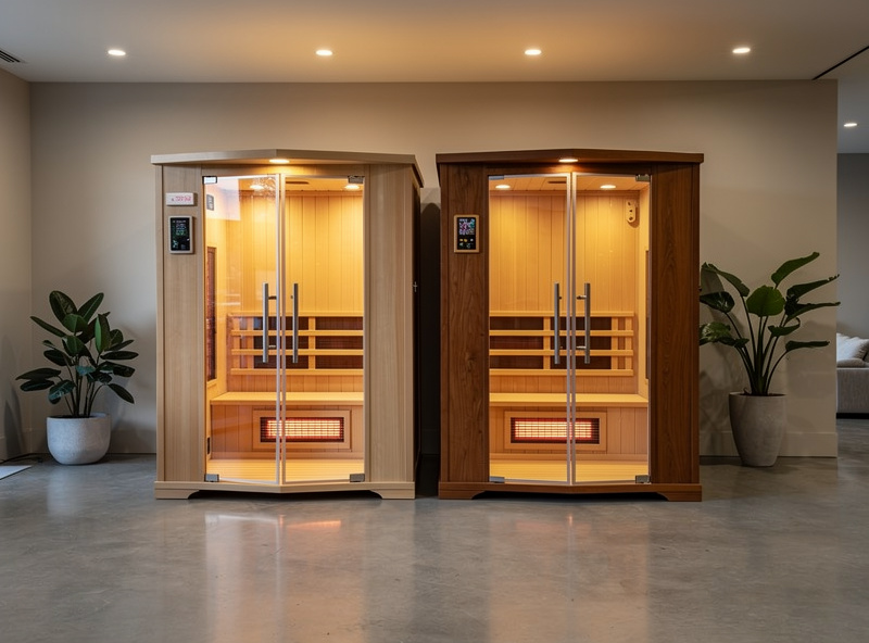 Two premium infrared sauna cabins displayed side by side in a luxury showroom for direct comparison