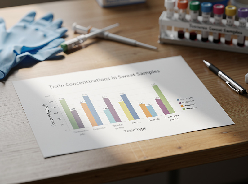 Scientific bar chart showing concentrations of different toxins detected in sweat samples on a lab bench