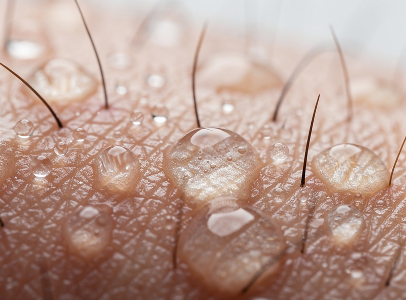 Close-up of skin pores producing droplets of sweat in microscopic detail