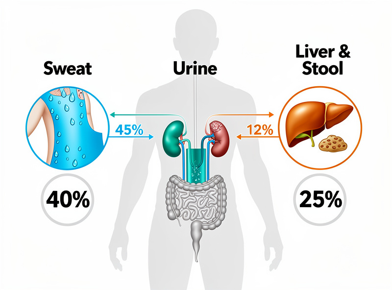 Diagram comparing percentages of toxin elimination through sweat versus urine versus liver via stool