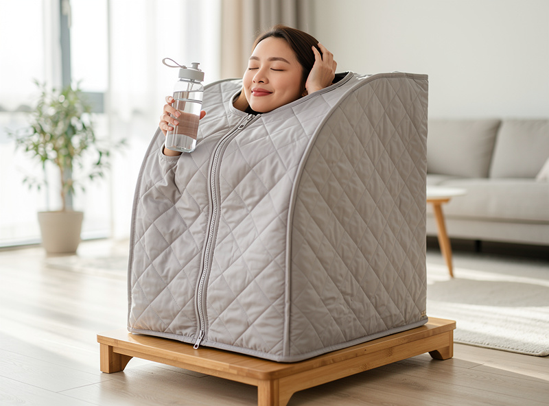 Person seated inside portable tent sauna with head and hands extending through openings, comfortable home setting