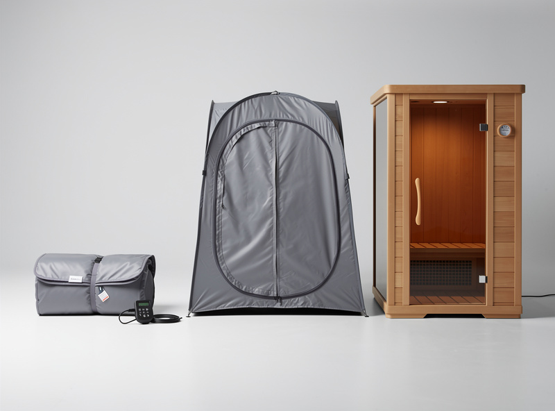 Multiple infrared sauna formats compared: tent portable, sauna blanket, and small cabin in modern home