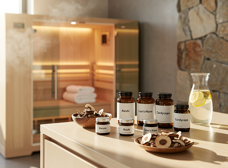 Lions mane mushroom supplement capsules on a table for pre-sauna preparation
