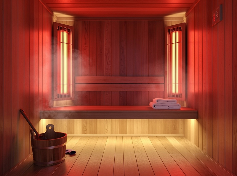Infrared sauna cabin interior with warm red light and serene wellness atmosphere