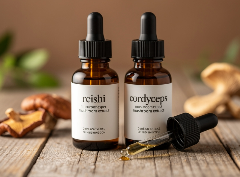 Reishi and cordyceps mushroom tincture bottles with dropper for sauna recovery supplementation