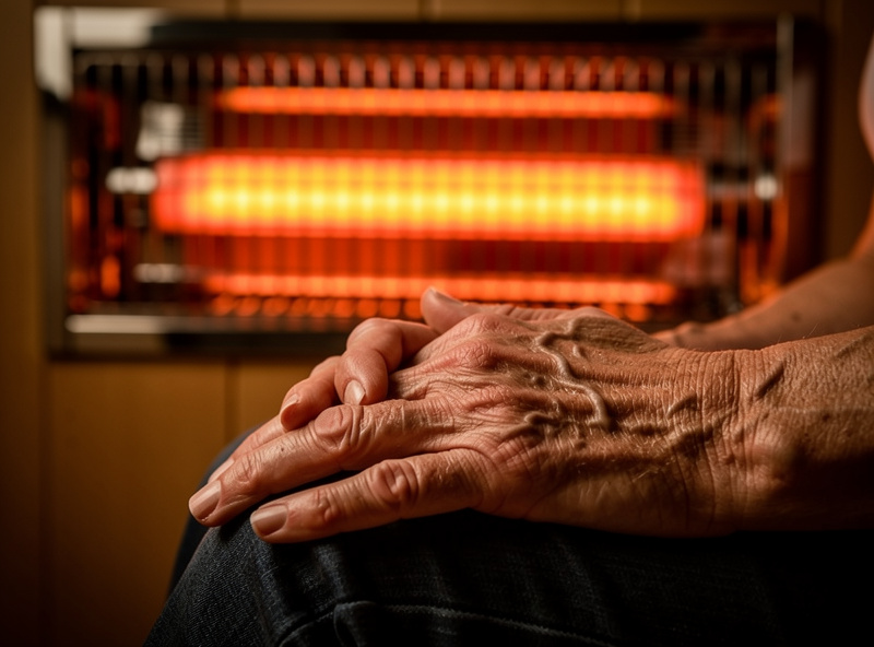 Person with mild hand arthritis sitting in an infrared sauna with hands extended and relaxed