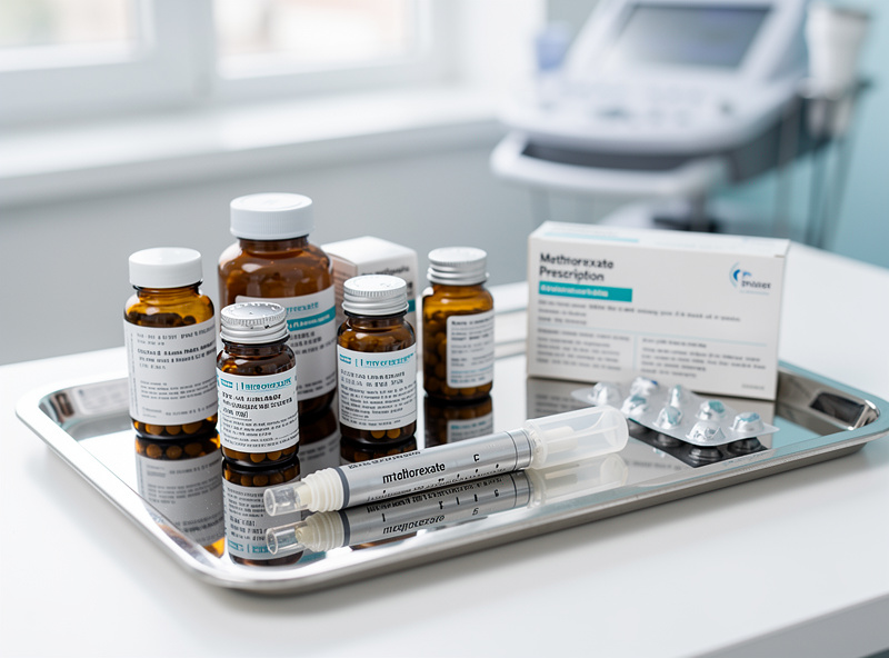 Clinical lab tray showing common rheumatoid arthritis medications including methotrexate and biologic injection pen