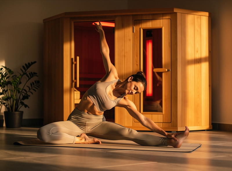 Person performing gentle stretching exercises immediately after an infrared sauna session