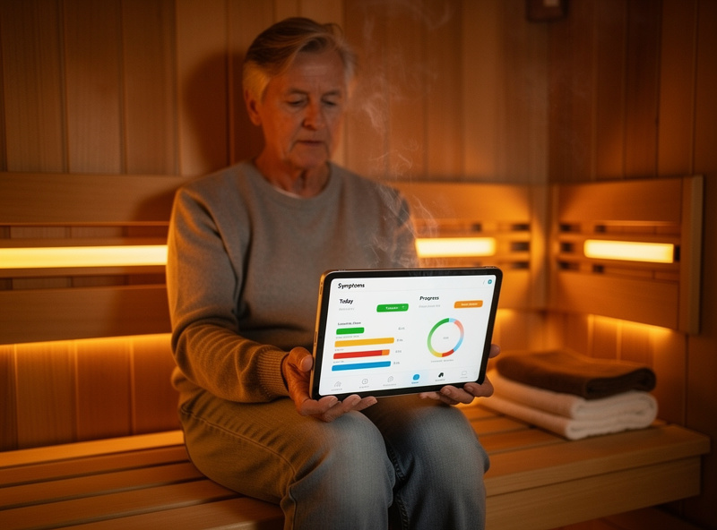 Person seated in low-EMF infrared sauna cabin reviewing autoimmune symptom log on a tablet