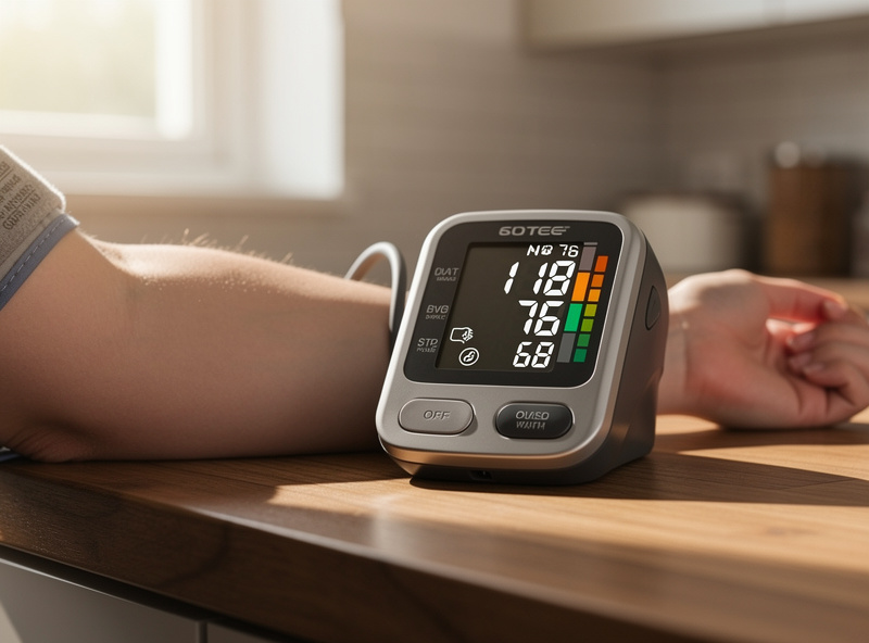 Person measuring blood pressure with a validated upper-arm cuff at a kitchen table after a sauna session