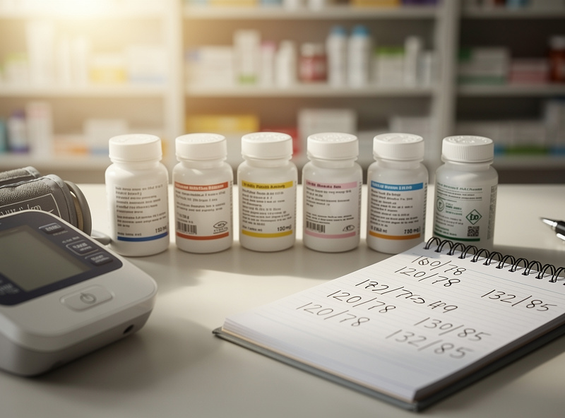 Common antihypertensive medication bottles arranged with a blood pressure log on a kitchen counter
