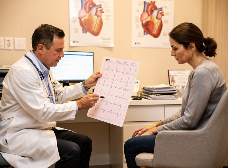 Cardiologist showing a patient an electrocardiogram and discussing sauna therapy as cardiovascular adjunct