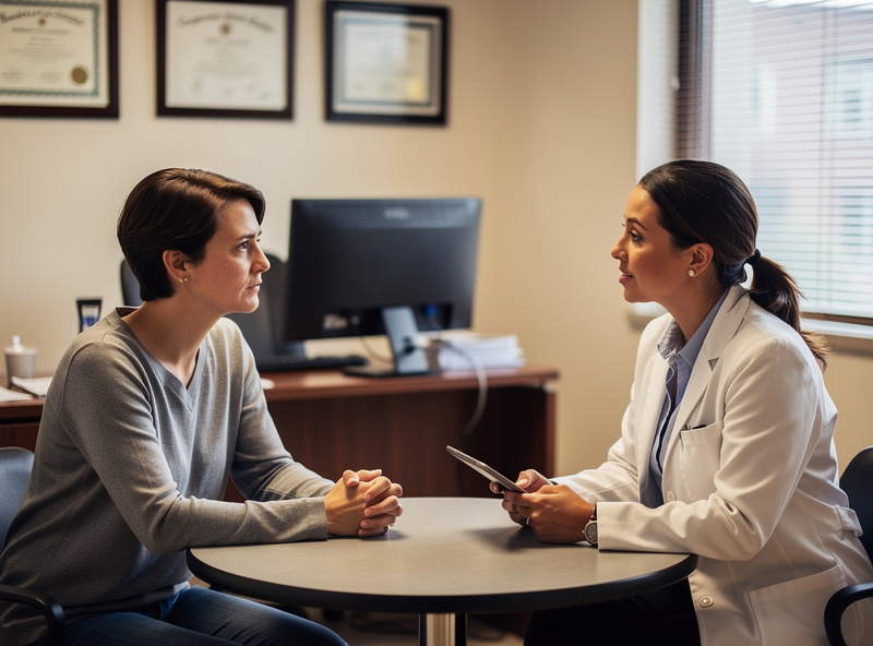 Cancer survivor speaking with their oncologist in a clinic about adjunct wellness modalities including infrared sauna