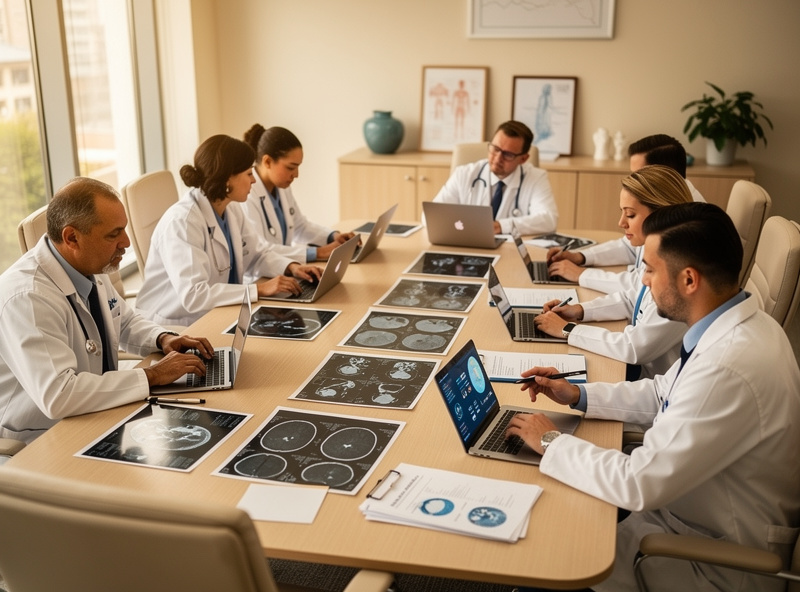 Patient and oncology team having a careful planning meeting about wellness modalities and active treatment, warm clinic conference room