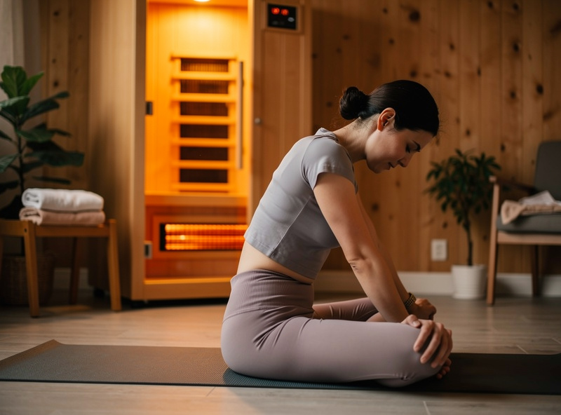 Person with chronic low back pain stretching gently after an infrared sauna session in a home wellness space