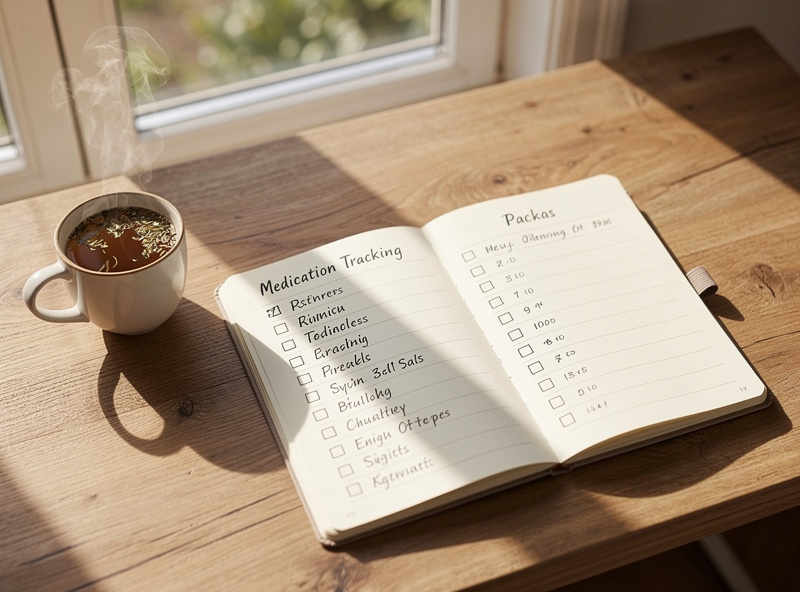 Wooden desk with an open notebook for medication tracking next to a cup of herbal tea