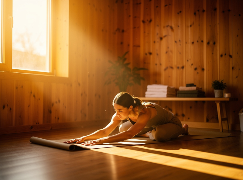Person performing slow controlled stretching on a yoga mat immediately after an infrared sauna session