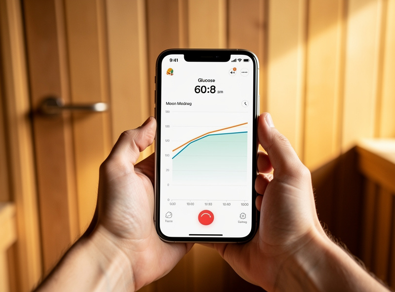 Person checking continuous glucose monitor reading on a smartphone after an infrared sauna session