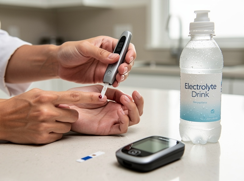 Person checking blood glucose with fingerstick monitor before entering an infrared sauna with insulin pen and electrolyte drink visible nearby