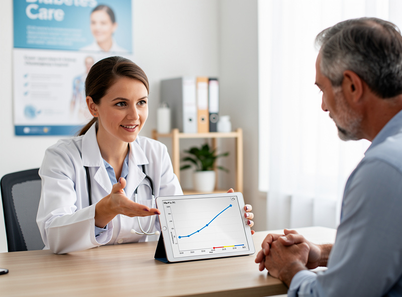 Endocrinologist reviewing HbA1c trend chart with diabetic patient who is also asking about sauna therapy as an adjunct