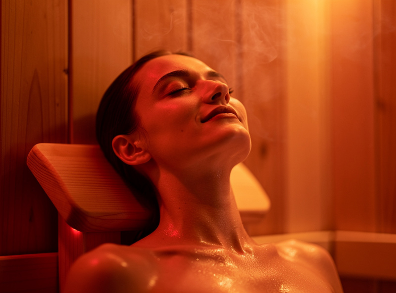 Person resting peacefully in a softly lit infrared sauna with eyes closed and shoulders relaxed
