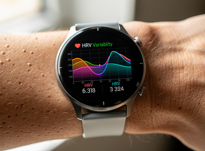 Wearable smartwatch on a person's wrist showing heart rate variability data after an infrared sauna session