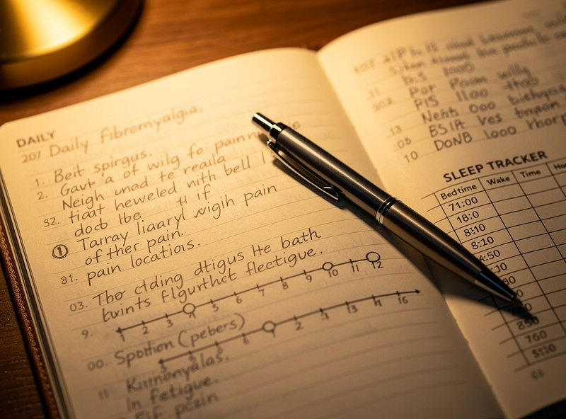 Journal page with daily fibromyalgia symptom tracking including pain VAS scores and sleep latency entries