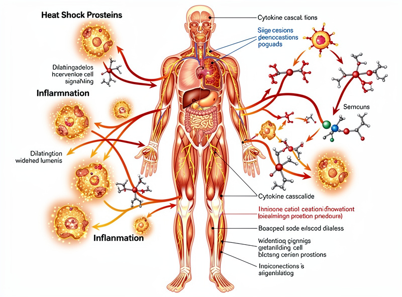 Anatomical diagram showing heat shock proteins, vascular dilation, and inflammation pathways activated by infrared sauna therapy