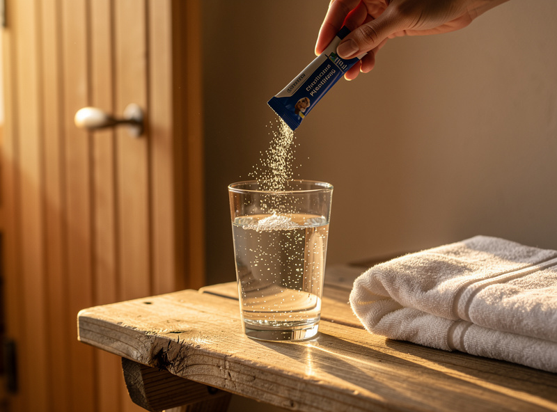 Person taking electrolyte supplements before entering an infrared sauna with a glass of water on a wooden bench