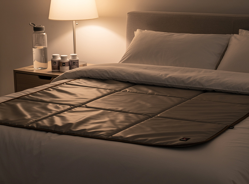 Infrared sauna blanket laid out on a bed in a quiet bedroom with electrolyte supplements and a water bottle nearby