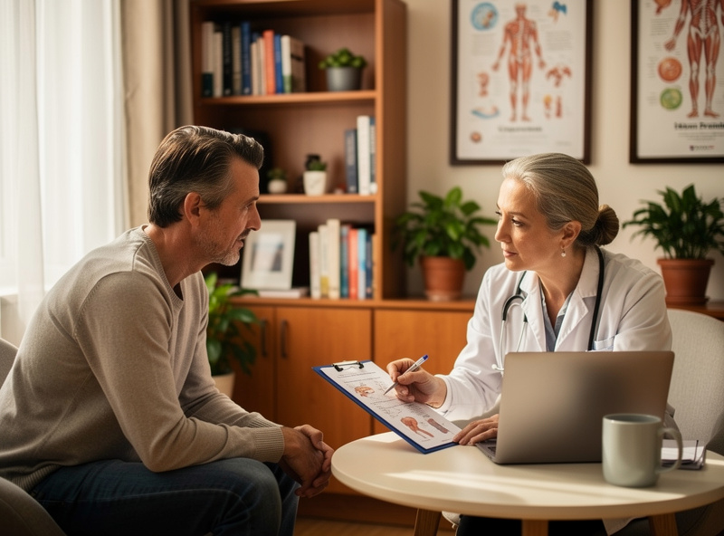 Patient discussing chronic Lyme symptoms and treatment options with an integrative medicine physician at a clinic desk