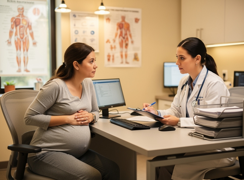 Pregnant woman receiving prenatal medical advice from her OB-GYN in a clinic setting, both seated and engaged