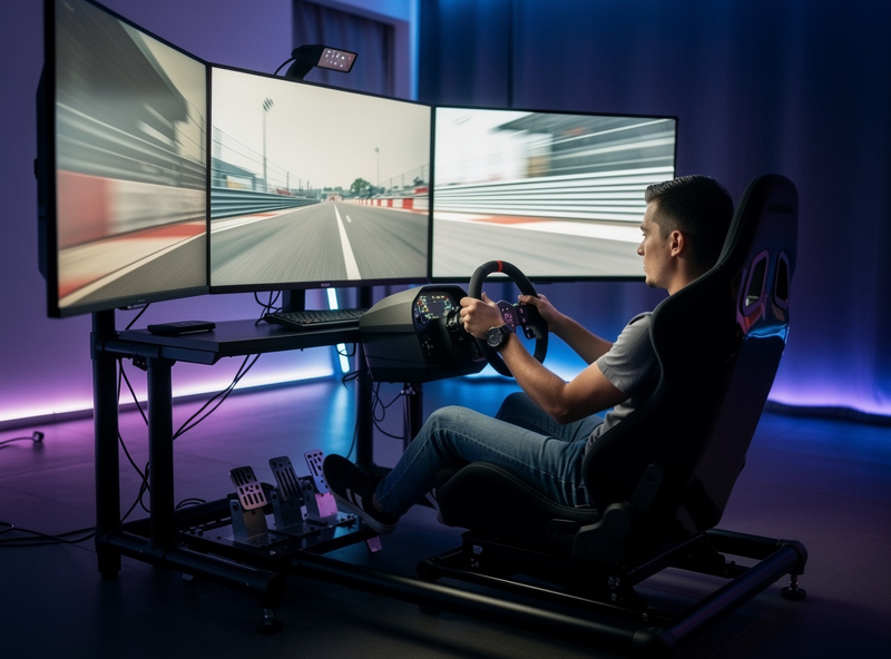 Sim racing cockpit with steering wheel, pedals and triple monitors in a dimly lit gaming room