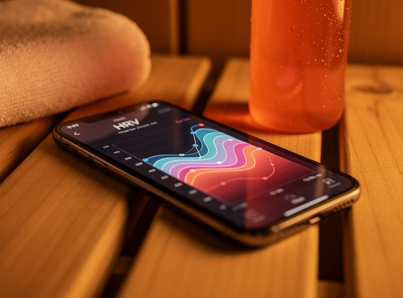HRV chart on a smartphone next to a sweat towel and electrolyte drink in a sauna