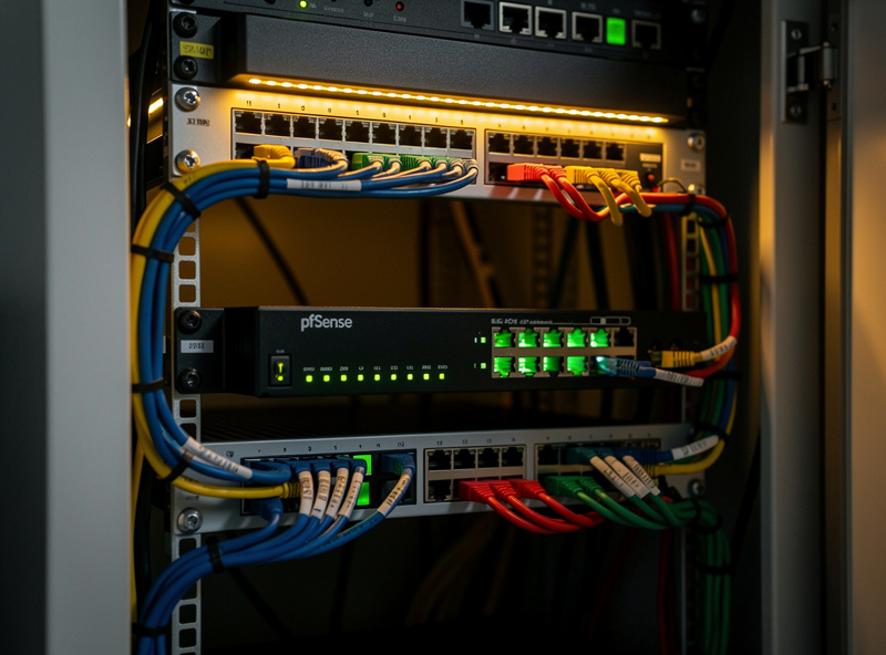 Network rack with managed switch and pfSense router showing colored Ethernet cables for VLANs