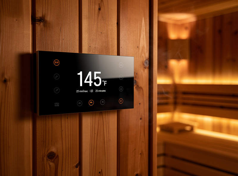 Smart sauna control panel mounted on cedar wood paneling showing temperature and time