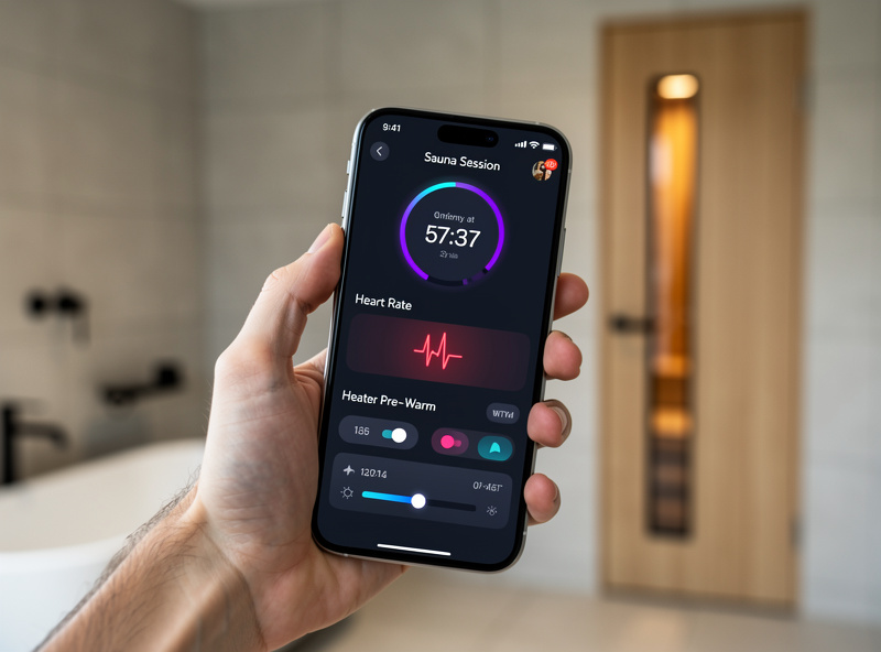 Smartphone showing wellness app dashboard with sauna session timer and remote pre-warm controls
