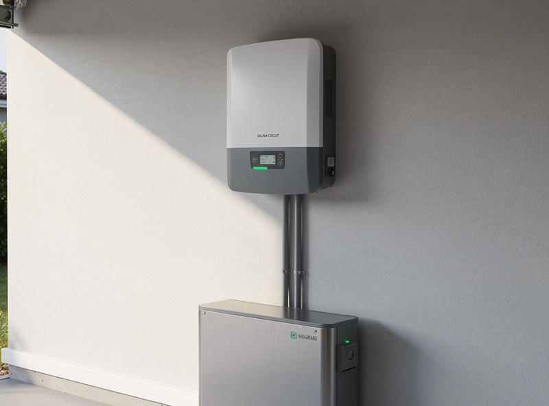 Hybrid solar inverter mounted on a garage wall with cable conduit running to a battery bank, sauna power circuit indicator LED visible, professional installation aesthetic