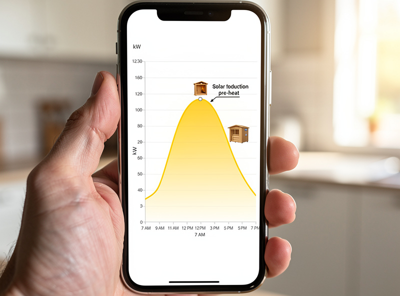 Smartphone screen showing a solar production graph peaking at noon, with a small icon indicating a sauna pre-heat scheduled at 12:30 PM