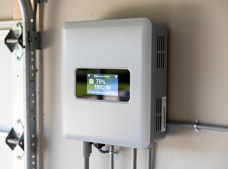 Close-up of a wall-mounted hybrid inverter LCD showing battery state of charge at 78 percent, current load at 1980 watts, solar production at 2400 watts, professional installation