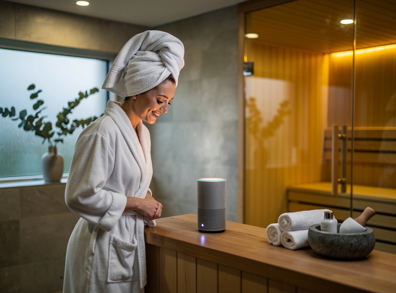 Person speaking to smart speaker in serene home spa with sauna in background warm evening lighting