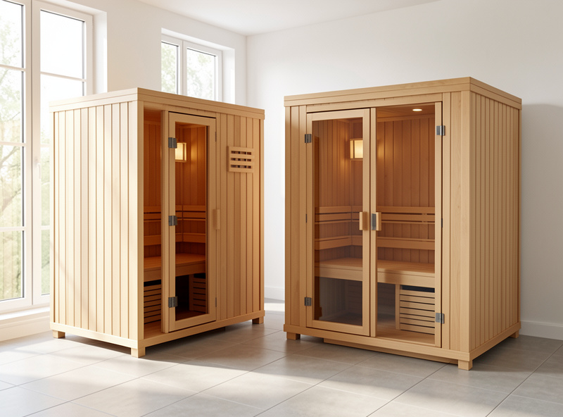 Side comparison of a one-person and a two-person infrared sauna cabin in a home setting