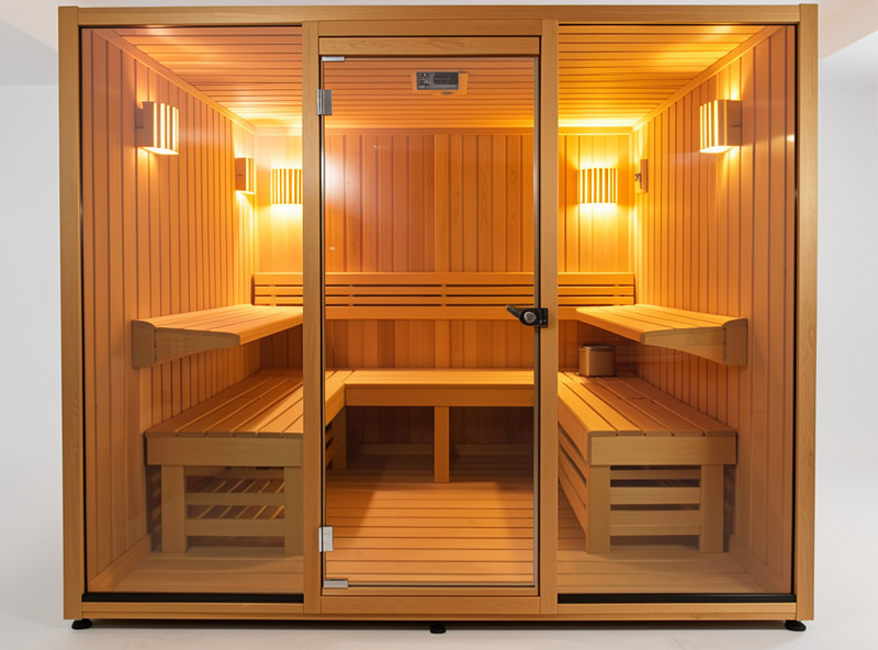 A larger four-person infrared sauna cabin with two facing benches and full glass front