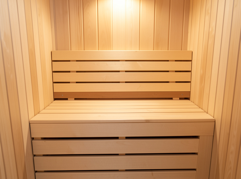 Pale basswood sauna bench and backrest in a small infrared cabin interior