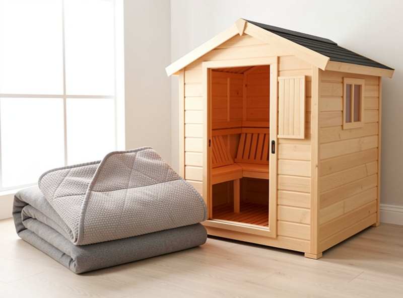 An infrared sauna blanket folded next to a compact cabin, illustrating entry and value budget tiers