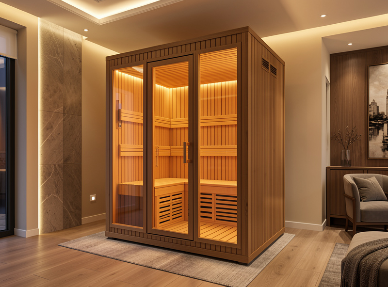 A premium full-spectrum infrared sauna cabin with glass front in a designed home interior