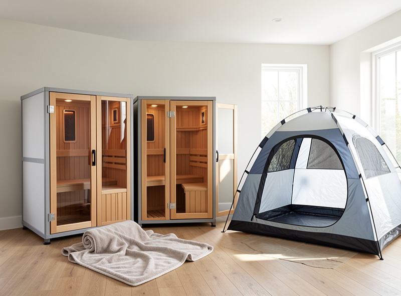 Three portable infrared saunas side by side in a home test space: a sauna blanket, a pop-up tent, and a folding carbon-panel cabin