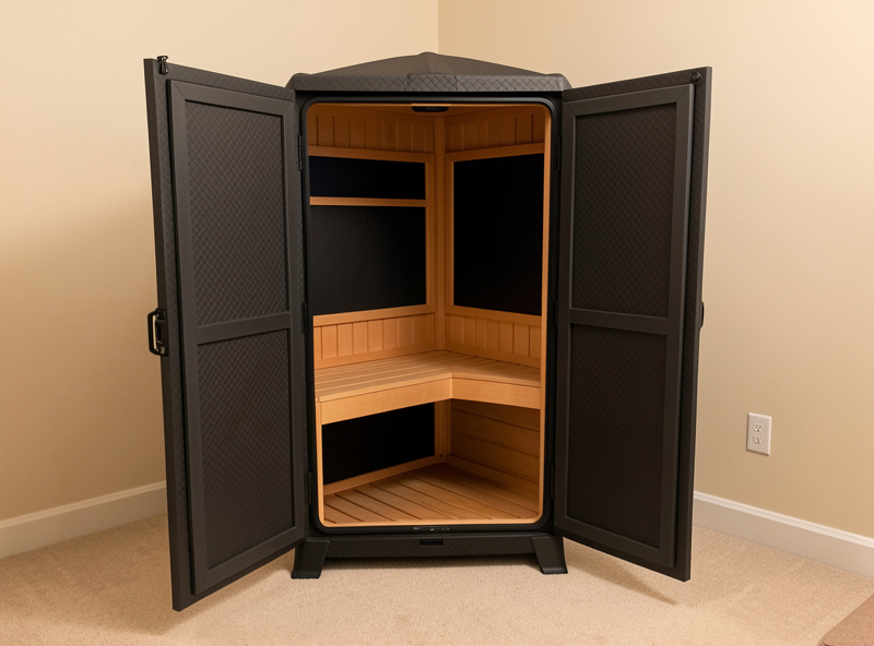 A folding carbon-panel portable infrared sauna deployed in a small apartment with the door open showing the bench and panels