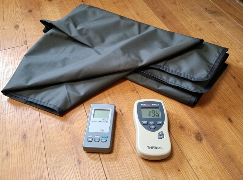 A plug-in power meter and a TriField EMF meter laid out next to a folded portable infrared sauna ready for testing